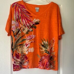 Chico's Bright Orange Tropical Floral V-Neck Linen Tee